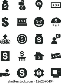 Solid Black Vector Icon Set - dollar vector, financial item, catch a coin, money, cash, bag hand, rain, mortgage, column, gear, eyes, growth, dialog, pin, atm