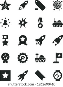 Solid Black Vector Icon Set - bookmark vector, remove label, star gear, space rocket, lunar rover, bang, flag, medal, hero, ribbon, stars around man, disco ball, starfish, compass