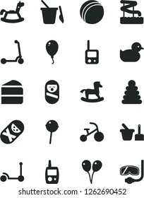 Solid Black Vector Icon Set - baby duckling vector, bath ball, stacking rings, roly poly doll, tumbler, toy phone, mobile, sand set, children's, rocking horse, small, colored air balloons, balloon