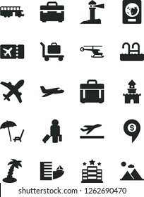 Solid Black Vector Icon Set - suitcase vector, case, coastal lighthouse, sand castle, helicopter, dollar pin, plane, bus, passenger, passport, ticket, departure, hotel, arnchair under umbrella, pool