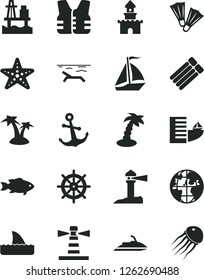 Solid Black Vector Icon Set - anchor vector, fish, sea port, lighthouse, coastal, planet, sand castle, sail boat, hotel, beach, palm tree, starfish, flippers, handwheel, life vest, jet ski