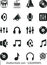 Solid Black Vector Icon Set - bell vector, horn, loudspeaker, silent mode, drumroll, drum, headphones, microphone, music, CD, regulator, no sound, note, settings, disco ball