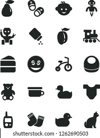Solid Black Vector Icon Set - baby powder vector, bib, Child T shirt, rubber duck, duckling, warm socks, toy mobile phone, children's potty, small teddy bear, hairdo, train, bicycle, shoes, pear