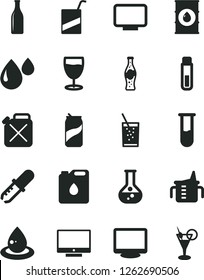 Solid Black Vector Icon Set - measuring cup for feeding vector, e, screen, a glass of soda, can, bottle, flask, oil, canister, drop, monitor, test tube, pipette, cocktail