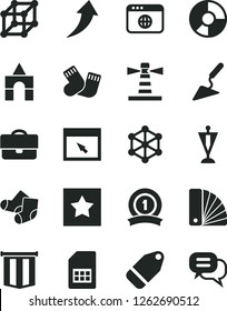 Solid Black Vector Icon Set - warm socks vector, Knitted, box of bricks, building trowel, color samples, label, SIM card, lighthouse, portfolio, ring diagram, browser, 3d cube, pennant, medal ribbon