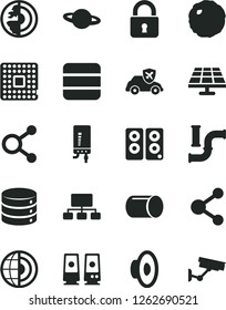 Solid Black Vector Icon Set - loudspeaker vector, electronic boiler, lock, big data, planet, cabbage, solar panel, water pipes, autopilot, processor, pipe, connection, connections, scheme