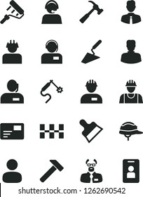 Solid Black Vector Icon Set - builder vector, workman, trowel, paint roller, ceramic tiles, helmet, putty knife, hammer, with claw, employee, pass card, operator, gas welding, woman, man, dispatcher