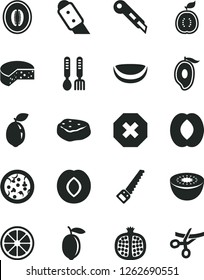 Solid Black Vector Icon Set - mark of injury vector, iron fork spoons, arm saw, knife, stationery, cheese, pizza, piece meat, half pomegranate, plum, mango, peach, melon, lemon, juicy, kiwi, guawa