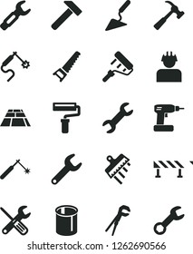 Solid Black Vector Icon Set - paint roller vector, building trowel, small tools, adjustable wrench, cordless drill, hand saw, spatula, paving slab, road fence, hammer, with claw, builder, pipes, gas