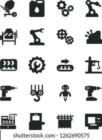 Solid Black Vector Icon Set - winch hook vector, gears, concrete mixer, cordless drill, gear, conveyor, production, canister of oil, cloth industry, tower crane, robot welder, assembly, cash machine