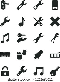 Solid Black Vector Icon Set - repair key vector, cross, small tools, adjustable wrench, door knob, lock, music, steel, text highlighter, keyboard, usb flash, note, arm with