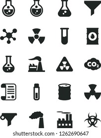 Solid Black Vector Icon Set - round flask vector, manufacture, factory, oil, barrel, industrial building, radiation, carbon dyoxide, filter, water, research article, test tube, molecule, nuclear