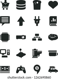 Solid Black Vector Icon Set - heart symbol vector, image of thought, upward direction, camera roll, children's potty, yule, flowchart, put in cart, Easter cake, piece meat, electric plug, cash, cpu