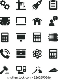 Solid Black Vector Icon Set - hammer of a judge vector, calculator, storage unit, nappy, home, weaving, tower crane, rocket, crisis, phone call, computer, notebook pc, atom, gears, clipboard, yacht
