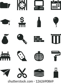 Solid Black Vector Icon Set - paint roller vector, scissors, calendar, balloon, brick wall, knife, key, pancakes, half pomegranate, ripe guava, industrial factory, Glass bottle, computer, folder