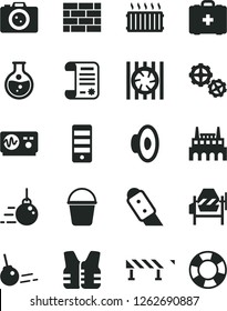 Solid Black Vector Icon Set - loudspeaker vector, medical bag, brickwork, big core, gears, concrete mixer, bucket, knife, road fence, round flask, industrial factory, aluminum radiator, fan, camera