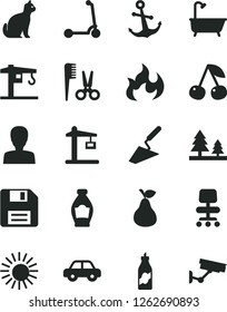 Solid Black Vector Icon Set - floppy disk vector, woman, accessories for a hairstyle, motor vehicle, child Kick scooter, crane, trowel, bath, anchor, pear, bottle, liquor, cherry, forest, chair, sun