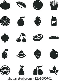 Solid Black Vector Icon Set - loaf vector, bacon, tomato, French fries, japanese sushi, soda can, strawberry, pear, orange, cherry, raspberry, medlar, tasty cornels, loquat, juicy lemon, sour lime