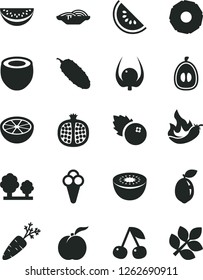 Solid Black Vector Icon Set - slices of onion vector, cucumber, cone, blueberries, cherry, ripe peach, half pomegranate, slice water melon, loquat, kiwi, sour lime, coconut, pineapple, grapefruit