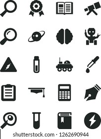 Solid Black Vector Icon Set - book vector, test tube, telescope, electricity, zoom, brain, pipette, graduate hat, clipboard, calculator, artifical insimination, medal, robot, saturn, lunar rover