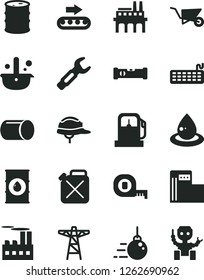 Solid Black Vector Icon Set - big core vector, building trolley, measuring tape, construction level, helmet, gas station, modern, oil, barrel, power pole, industrial, enterprise, production conveyor