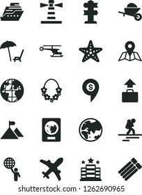 Solid Black Vector Icon Set - garden trolley vector, map, planet, lighthouse, man hold world, mountain flag, helicopter, dollar pin, backpacker, passport, plane, baggage, arnchair under umbrella