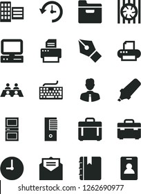 Solid Black Vector Icon Set - keyboard vector, suitcase, interroom door, city block, employee, wall clock, received letter, notebook, case, folder, text highlighter, conversation, computer, pc tower