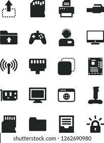 Solid Black Vector Icon Set - monitor window vector, folder, archive, upload, screen, operator, copy, move up, motherboard, pc card, printer, browser, lan connector, wireless, joystick, sd
