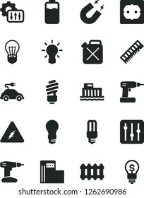 Solid Black Vector Icon Set - cordless drill vector, saving light bulb, power socket type f, new radiator, regulator, charge level, modern gas station, hydroelectric, canister, mercury, electric car
