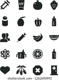 Solid Black Vector Icon Set - heart symbol vector, mark of injury, women, measuring cup for feeding, bottle, powder, strawberry, pomegranate, loquat, goji berry, water melon slice, juicy lemon, atom