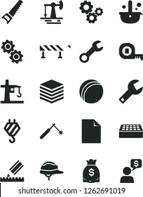 Solid Black Vector Icon Set - repair key vector, clean sheet of paper, bath ball, hook, hand saw, measuring tape, drawing, helmet, brick, road fence, pile, working oil derrick, tower crane, welding