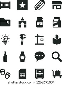 Solid Black Vector Icon Set - magnifier vector, bedside table, folder bookmark, baby cot, box of bricks, shoes for little children, speech, package, unpacking, Hot Dog, jar jam, bottle, SIM card