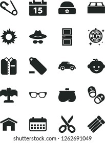 Solid Black Vector Icon Set - scissors vector, hat with glasses, remove label, open pin, children's hairdo, child shoes, warm, interroom door, building block, home, calendar, folded shirt, retro car