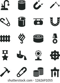 Solid Black Vector Icon Set - safety pin vector, open, hook, new radiator, kitchen faucet, hammer with claw, coins, canned goods, tin, gear, magnet, pipes, welding, steel production, cup, star medal