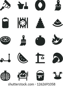 Solid Black Vector Icon Set - stacking toy vector, sand set, Kick scooter, concrete mixer, paint bucket, roller, plastic brush, wooden, porcini, orange slice, pomegranate, half, peach, of grapefruit