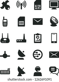 Solid Black Vector Icon Set - monitor window vector, envelope, smartphone, satellite antenna, SIM card, statistical overview, operator, mobile phone, keyboard, router, network, connect, wireless