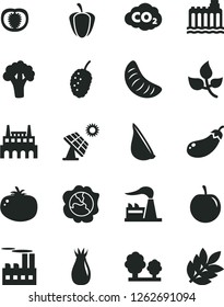 Solid Black Vector Icon Set - tomato vector, garlic, squash, rose hip, tasty mulberry, slice of tangerine, plum, half, ripe pepper, broccoli, eggplant, big solar panel, leaves, factory, trees