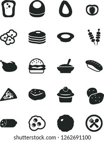 Solid Black Vector Icon Set - baby bib vector, sausage, stick of, fried vegetables on sticks, piece pizza, burger, muffin, a bowl buckwheat porridge, plate milk, chicken, cabbage, meat, popcorn