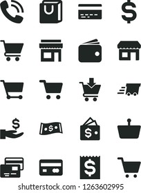 Solid Black Vector Icon Set - bank card vector, cart, put in, bag with handles, cards, kiosk, shopping, basket, reverse side of a, denomination the dollar, financial item, get wage, wallet, store
