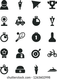 Solid Black Vector Icon Set - stopwatch vector, motor vehicle present, warm hat, timer, racer, flame torch, prize, cup, pawn, man with medal, pennant, target, first place, star, hang glider, bike