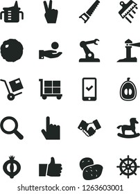 Solid Black Vector Icon Set - cargo trolley vector, magnifier, measuring cup for feeding, small rocking horse, hand saw, spatula, index finger, thumb up, shipment, cabbage, half of medlar, loquat