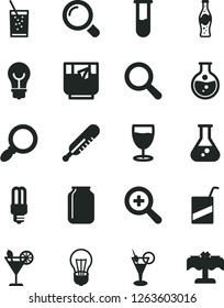 Solid Black Vector Icon Set - magnifier vector, zoom, mercury thermometer, e, bulb, a glass of soda, tea, cocktail, bottle, round flask, light, jar, test tube, restaurant