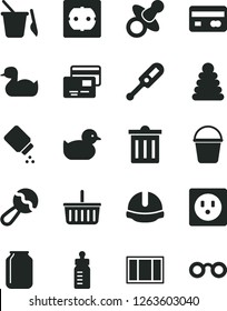 Solid Black Vector Icon Set - bin vector, grocery basket, dummy, feeding bottle, baby powder, beanbag, electronic thermometer e, rubber duck, duckling, stacking rings, children's sand set, bucket