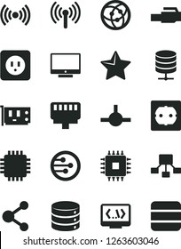 Solid Black Vector Icon Set - power socket type b vector, f, star, screen, big data, server, connection, hierarchical scheme, cpu, pc card, network, connect, coding, lan connector, wireless