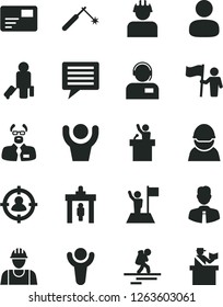 Solid Black Vector Icon Set - image of thought vector, builder, employee, pass card, operator, racer, welding, man, in sight, scientist, winner, with flag, hold, hands up, speaker, backpacker