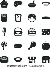 Solid Black Vector Icon Set - kiosk vector, sausage, piece of cheese, loaf, canned goods, tin, mini hot dog, big burger, muffin, glazed cake with a hole, bowl buckwheat porridge, plate milk, apple