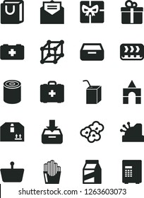 Solid Black Vector Icon Set - bag of a paramedic vector, medical, packing juice with straw, box bricks, received letter, put in, drawer, handles, cardboard, gift, package, tin, fried potato slices