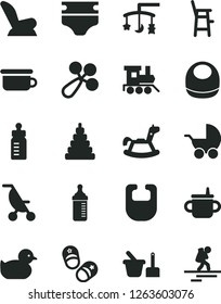 Solid Black Vector Icon Set - toys over the cradle vector, mug for feeding, bottle, measuring, diaper, bib, baby, rattle, car child seat, stroller, summer, duckling, stacking toy, sand set, a chair