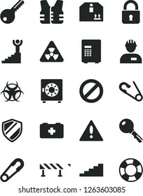 Solid Black Vector Icon Set - warning vector, prohibition, safety pin, open, bag of a paramedic, workman, key, road fence, lock, strongbox, cardboard box, nuclear, biohazard, stairway, winner, safe