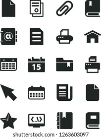 Solid Black Vector Icon Set - clip vector, clean sheet of paper, folder bookmark, e, home, calendar, star, notebook, address book, scientific publication, wall, newspaper, printer, coding, cursor